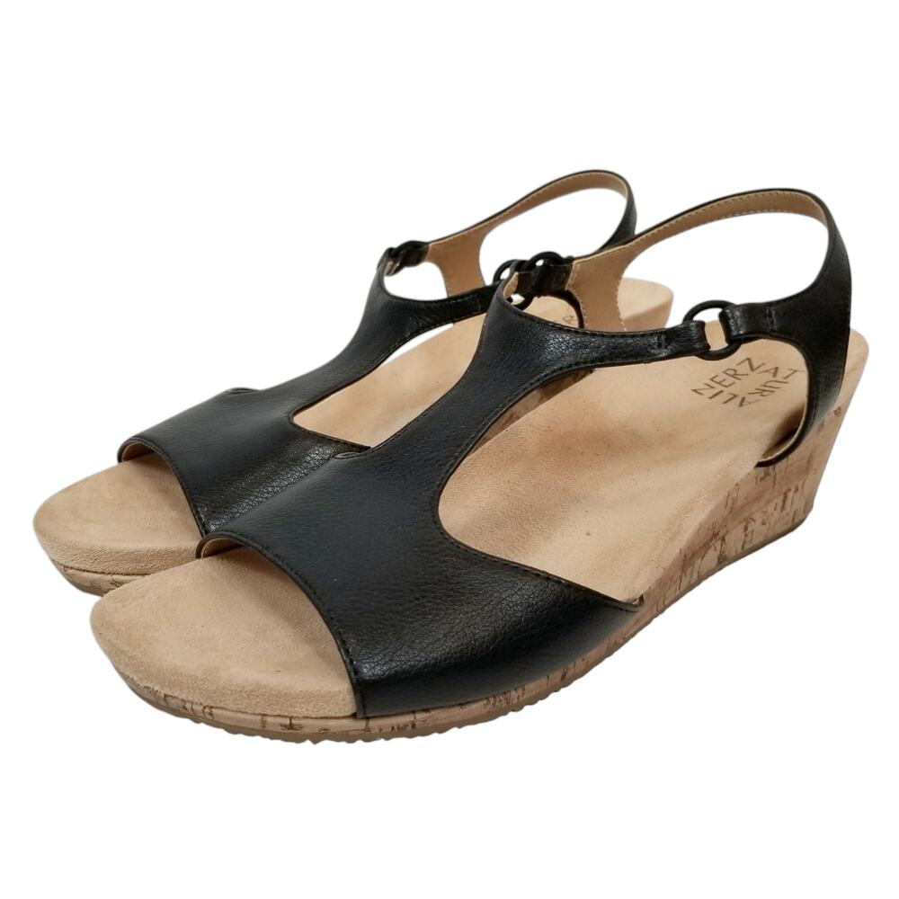 Naturalizer Maura Women's Black Cork Wedge Heel Sandals Vegan Leather Size 9W